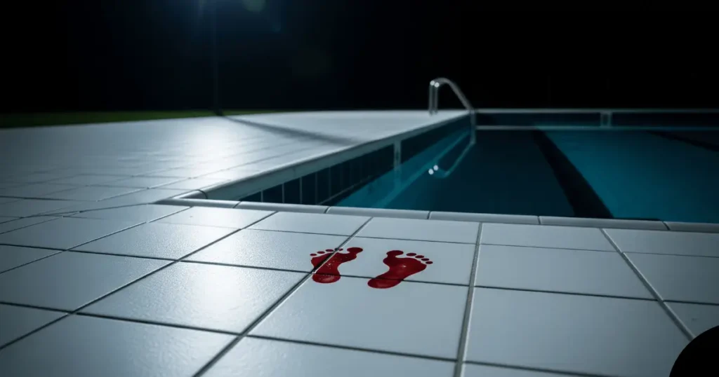Scary horror story blood footprints by pool